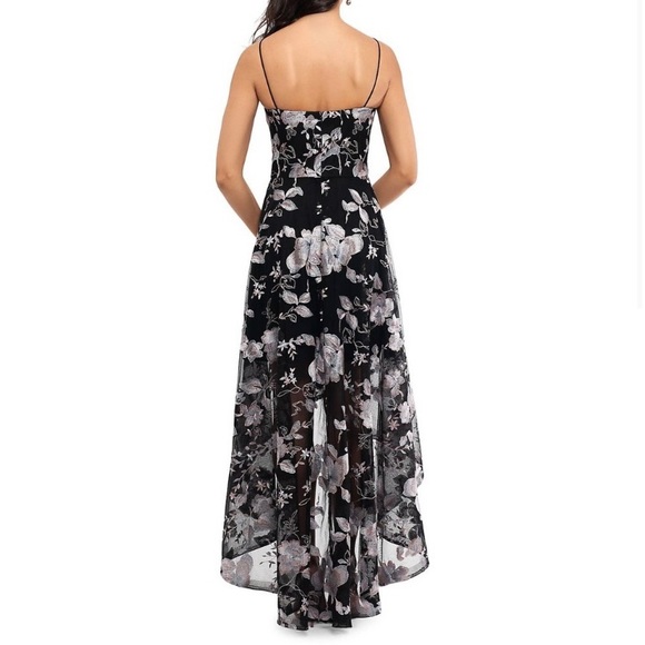 Black dress, shimmery light pink and white embroidery - high-low skirt - Size 6 - Picture 2 of 5